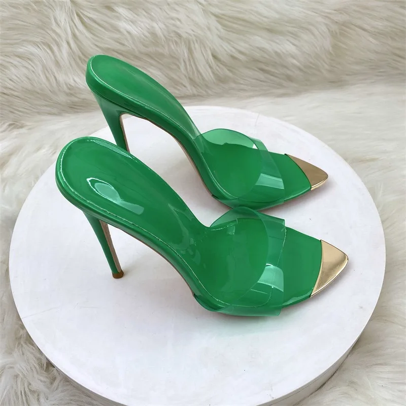 

New PVC purple metal pointed thin heel fashionable transparent straight strap sandals 12cm oversized commuting high heels