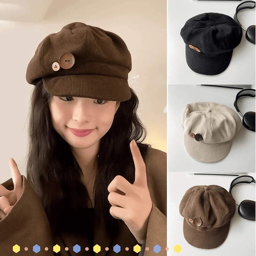 Fashion Y2k Double Button Berets Hat Harajuku JK Painter Hat Keep Warm Japanese Corduroy Baseball Cap Winter