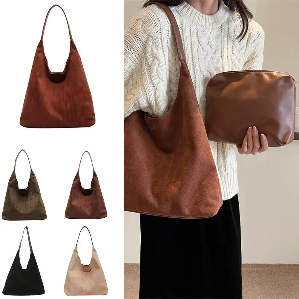 

2Pcs Autumn Winter Vintage Women's Suede Shoulder Bag Large Capacity Solid Color Simple Casual Commuter Bag Retro Handbags