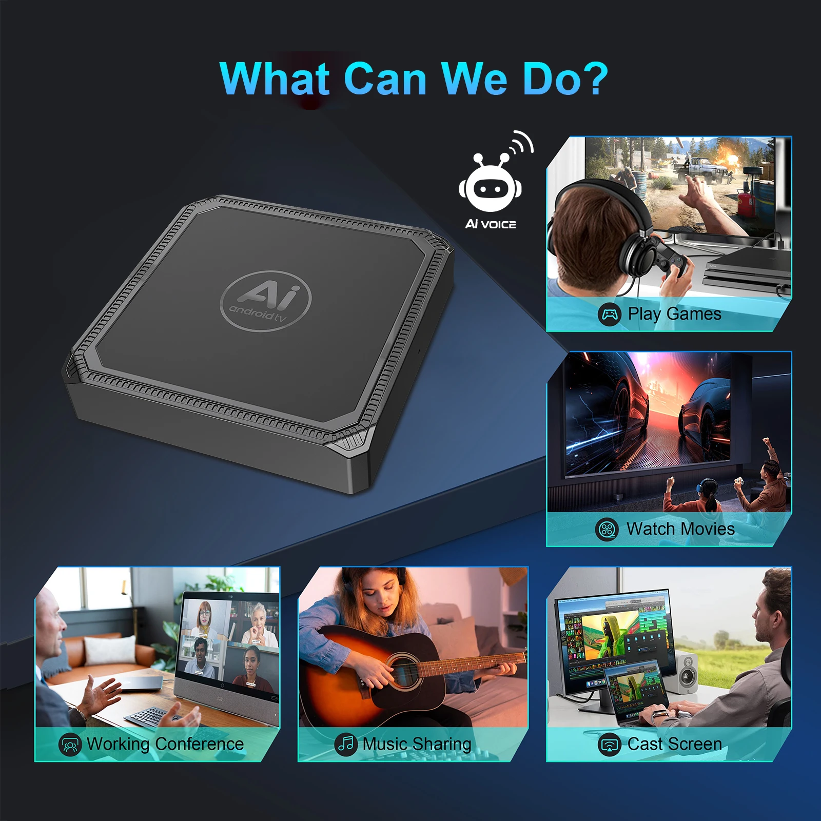 Velec Smart AI Smart TV Box 8+128GB 8K Video Android 15 Home Entertainment Media Player لـ NETFLIX Youtube مع جهاز تحكم عن بعد صوتي