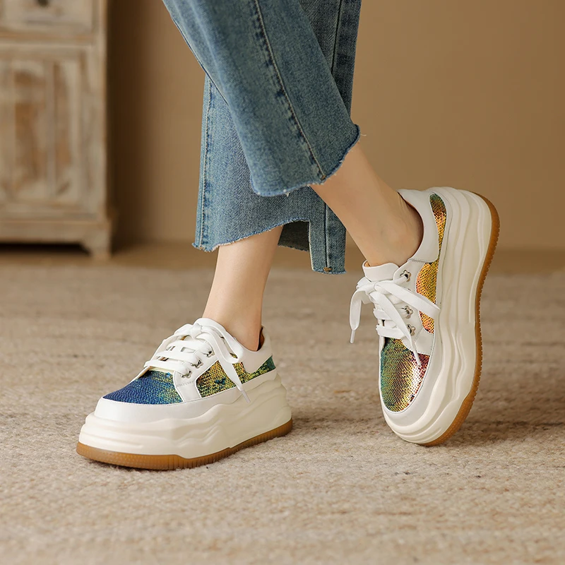

Genuine Leather Sequins Woman Flat Platform Sneakers Womans Casual Shoes Chunky Sneaker Women Loafers Trainers Zapatos Mujer