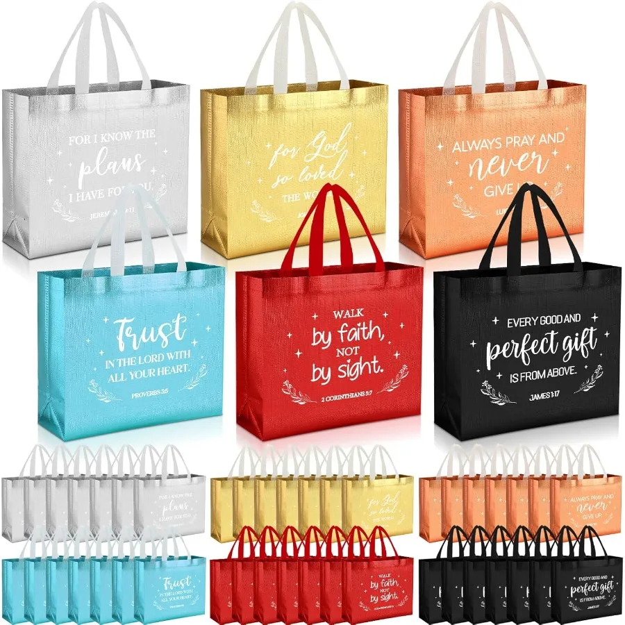 

48 Pcs 16" Cristmas Cristian Gift ags ulk wit andle Lar Religious Reusale Non Woven Tote ile Ver ags for Women Curc aptism Welc