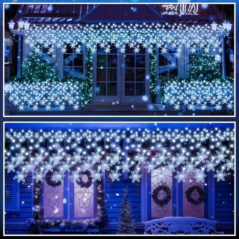 3.2M Snowflake Icicle Curtain String Lights 8 Modes EU US Plug LED Hanging Lamp For Outdoor Window Eaves Xmas Holiday Decoration