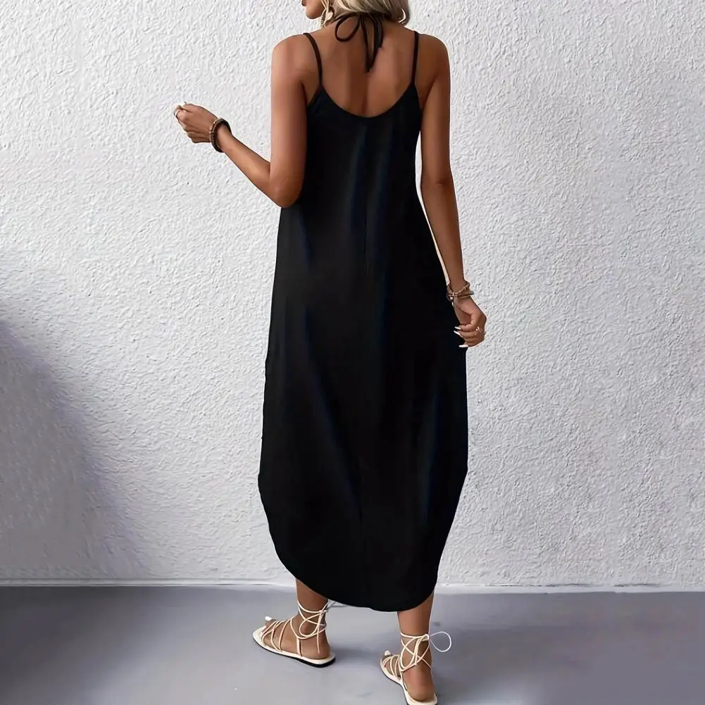 

Long Dress Stylish V Neck Irregular Hem Midi Dress for Beach Parties Vacations Double Spaghetti Straps Backless Design Women