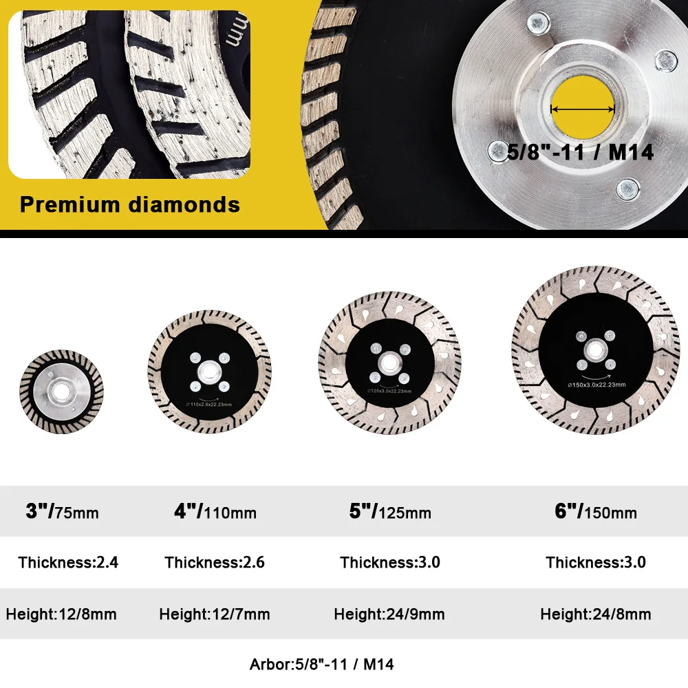 125 มิลลิเมตรหรือ 150 มิลลิเมตรพร้อมหน้าแปลนเพชรบดและตัดใบมีด Turbo Segmented หินตัดสำหรับหินแกรนิตหินทราย