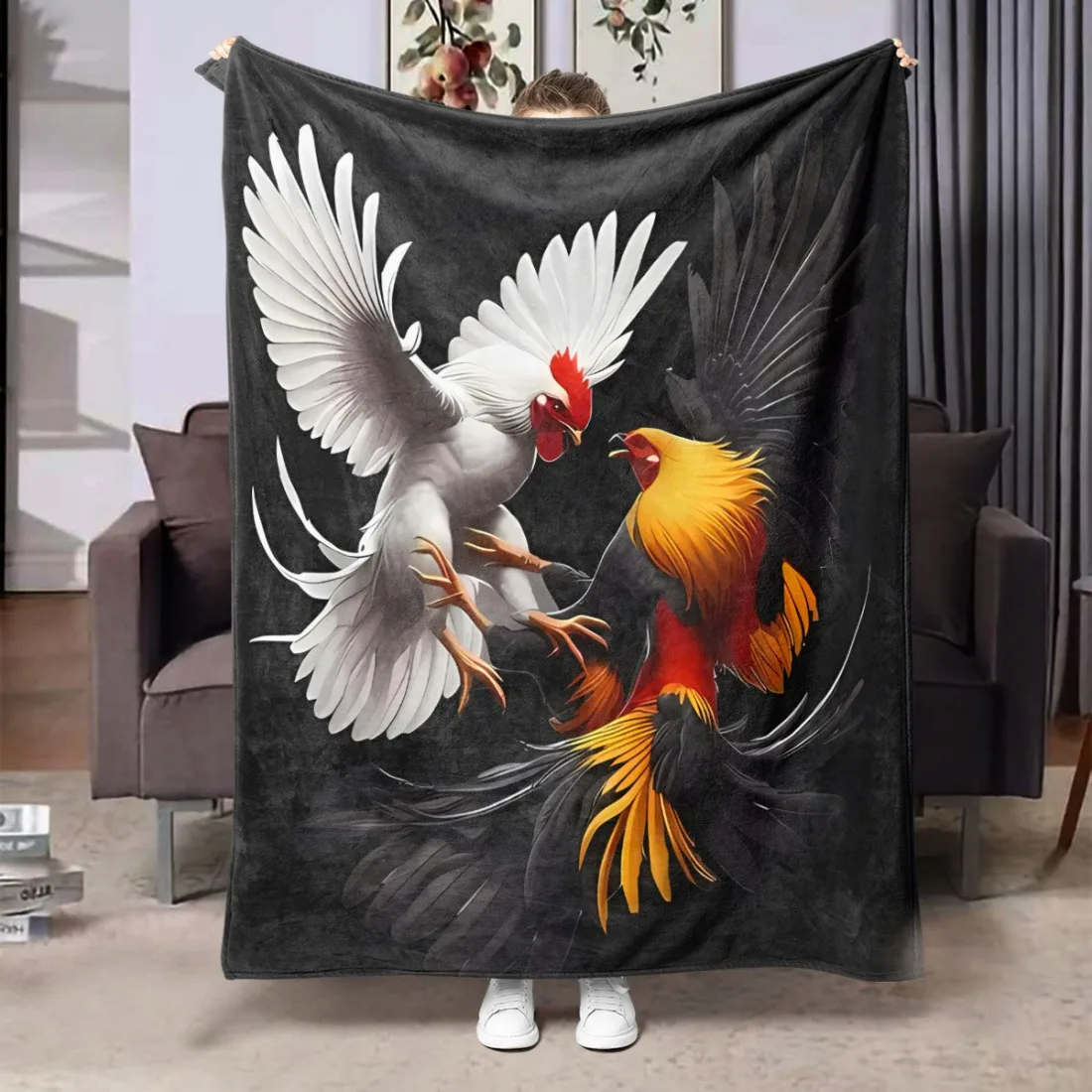 Contemporary Rooster Design Flannel Throw - 100% Polyester, HD Print, Soft, Machine Washable, All-Season Gift