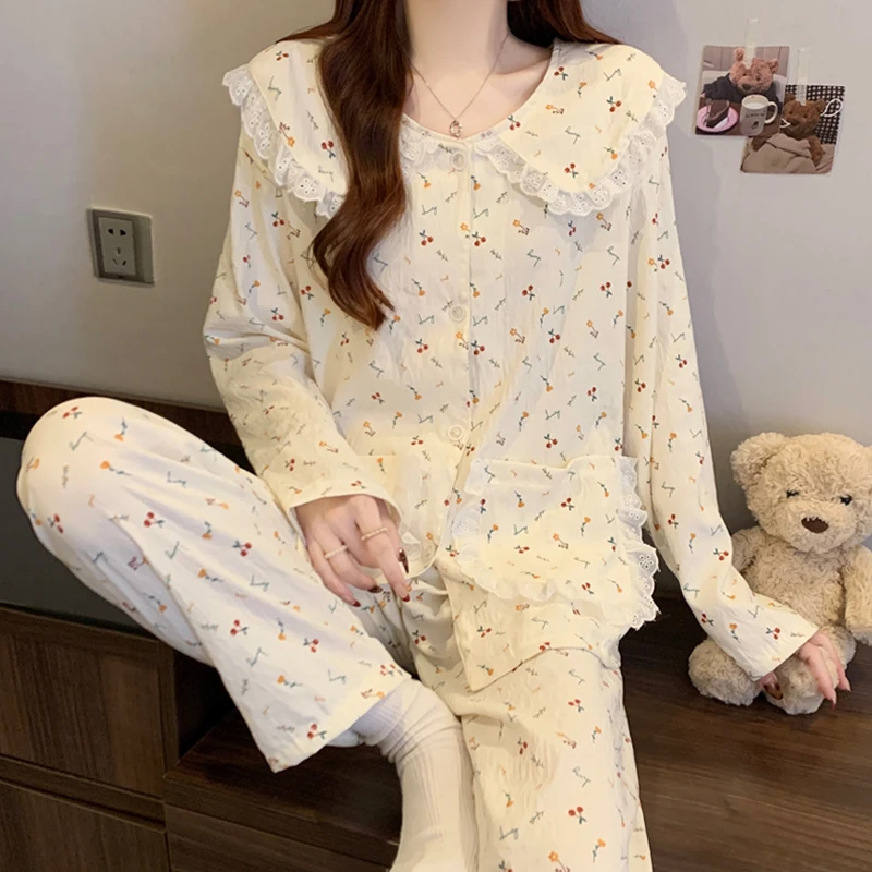 

Sweet Elegant Cherries Floral Print Women's Pajamas Kawaii Cloud Cotton Doll Collar Pyjamas 2025 Spring New Fashion Homewear Y2k