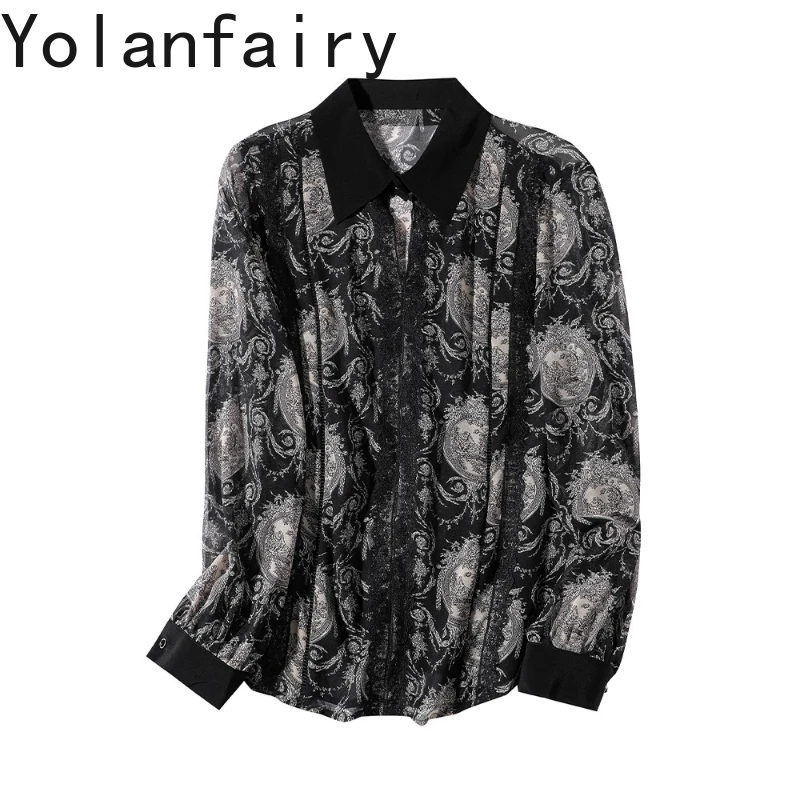 

YOLANFAIRY 100% Real Mulberry Silk Shirt for Woman New Autumn 2025 Light Luxury Long Sleeve Shirts Women's Tops Vintage Blouses