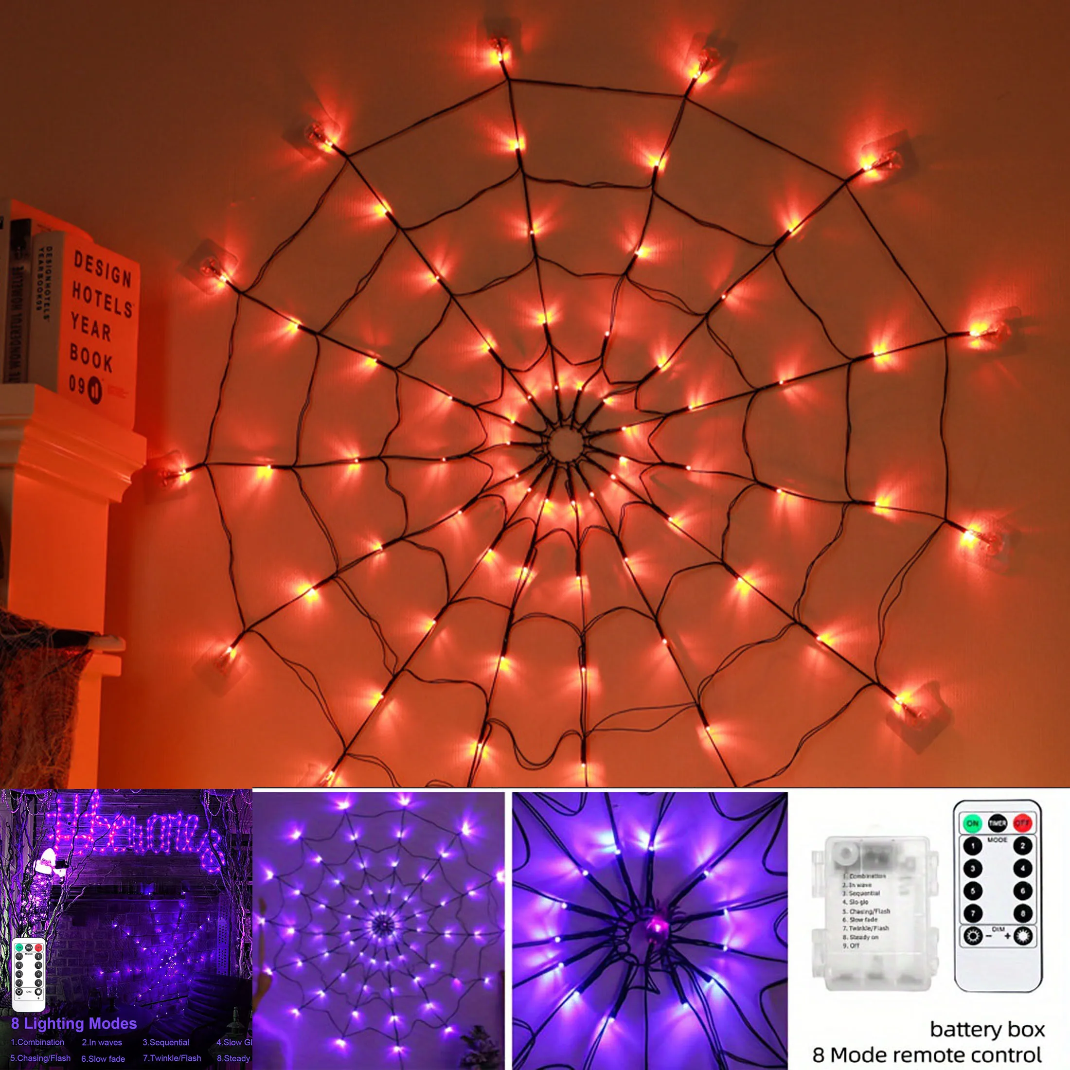 Scary Spider Web Halloween Lights 70LED Battery Powered Glowing Outdoor String Light with Remote Control Garden Wall Decorations
