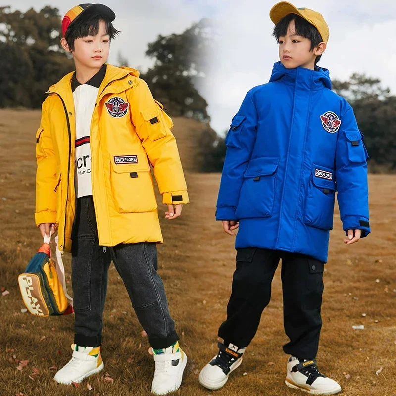 Girls Kids Boys Long Loose Thick White Duck Down Red,Blue,Yellow Baby Coat, Teenagers Hooded Padded Jacket Clothes Winter