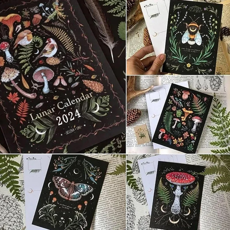 Floresta escura Astrologia Calendário, Criativo Illustrated Calendários Lunares de Parede, Impermeável Cor Ink Wash Art, Presente Lua, 2024