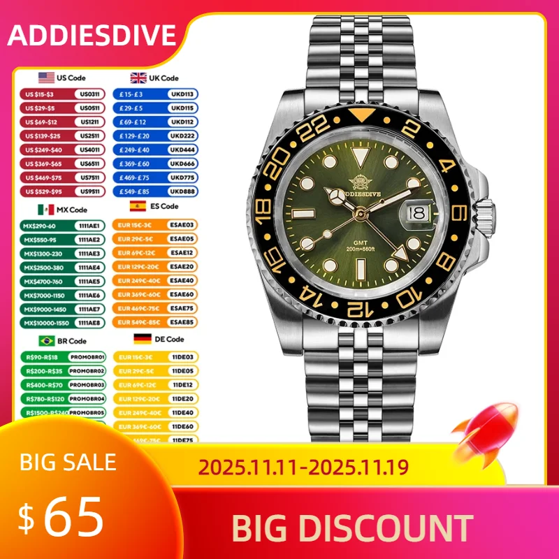 

ADDIESDIVE 40mm GMT Mens Quartz Watch Swiss Ronda 515-24H Business AD2050 Reloj Hombre Super Luminous Stainless Steel WristWatch