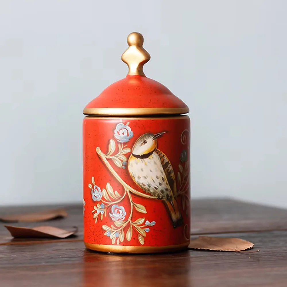Luxurious Ceramic American Rustic Style Tea Canister Vintage Moisture-proof Candy Pot Bird Printing Tea Can Gift