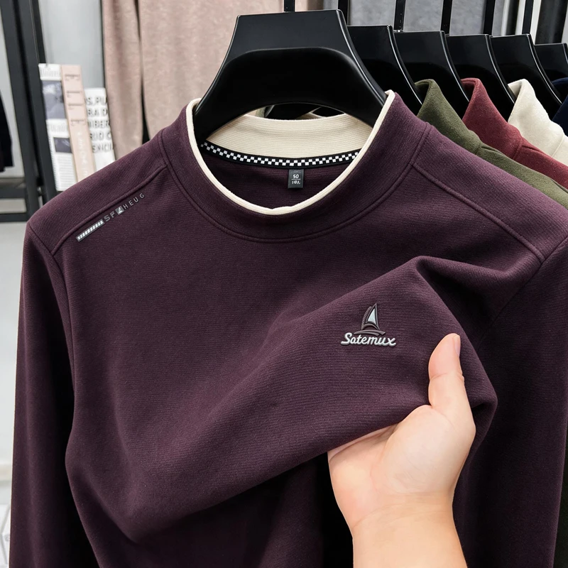 Brand fashion letter sailboat embossed sweatshirt men's high-end fake two-piece round neck casual autumn new comfort pullover