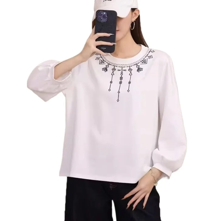 

Женский свободный пуловер с круглым вырезом и пышными рукавами в этническом стиле, топы, повседневная осенняя толстовка