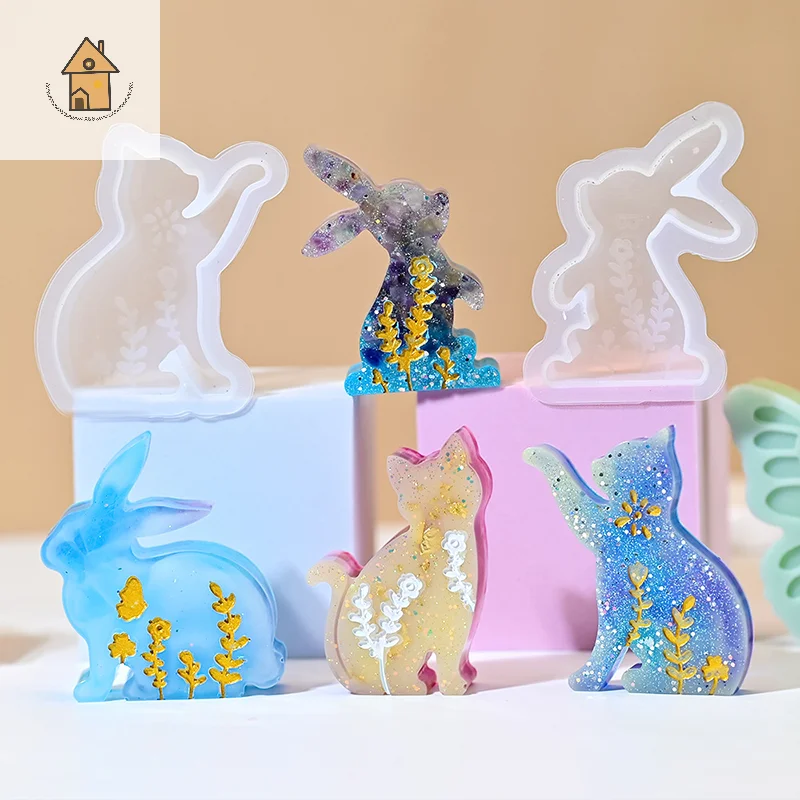 

Easter Rabbit Silicone Mold Hollow Flower Printed Cat Bunny Candle Silicone Mould Resin Gypsum Molds DIY Craft Home Decor