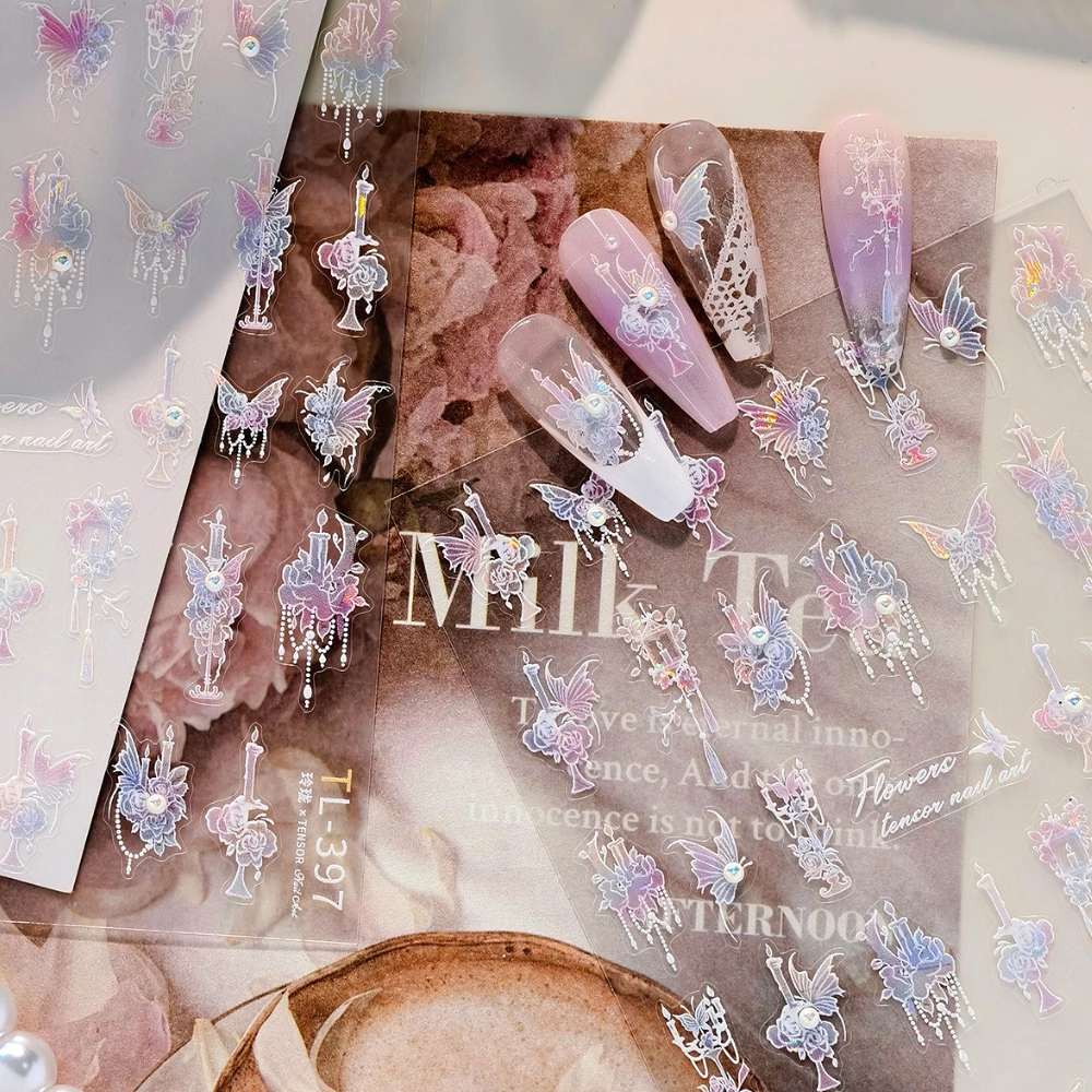 

Pink Purple Polarized Rose Butterfly Bead Chain Tassel Candlestick Pearl 3D Self Adhesive Nail Stickers Retro Manicure Decals