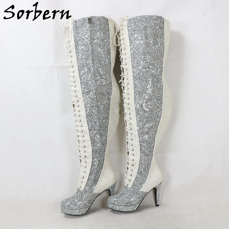 Sorbern Silver Glitter Kinky Boots Women Custom Wide Slim Leg Fit High Heels Platform Size Up To EU48 Unisex Dance Boots