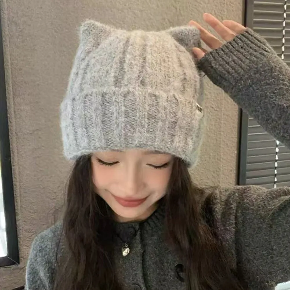 

Cute Wool Cat Ears Hat Windproof Warm Knitted Pullover Hat Y2k Korean Style Women Beanie Hats Girls