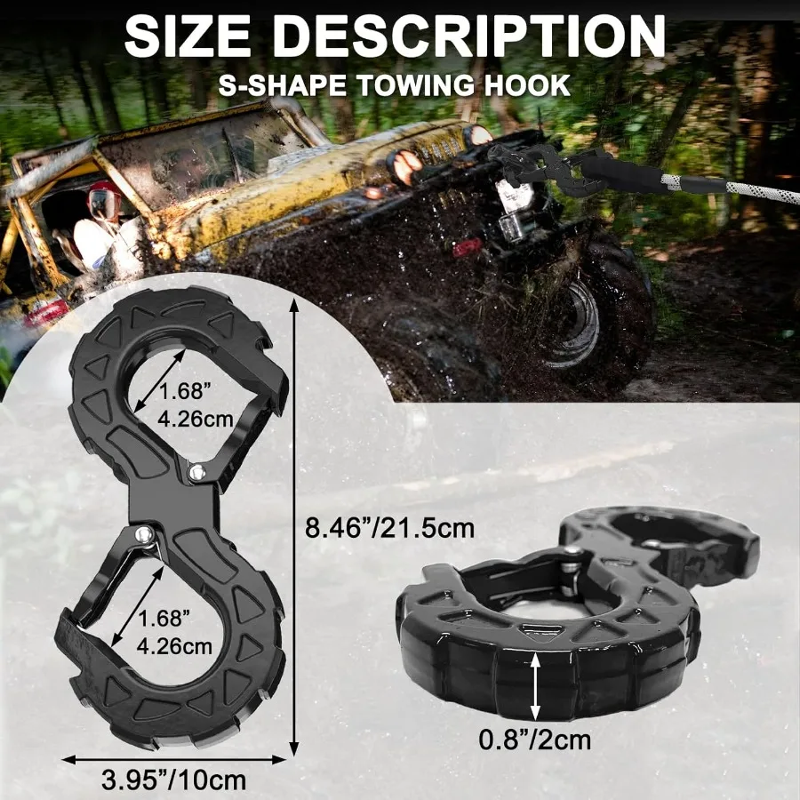 خطاف سحب على شكل حرف S مقاس 3/8 بوصة - تكبل ونش سحب بوزن 33,000 رطل، خطاف ونش عالي التحمل لاستعادة الطرق الوعرة، إطلاق تكبل الونش، Veh #3