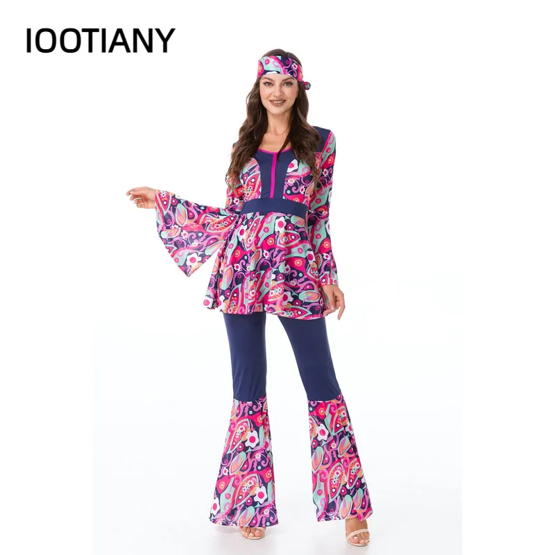 Halloween Hippie Kostüme Set für Paar Frauen Männer Vintage 1920er Jahre Disco Bühne Performance Tanz anzug Rock Hippies Cosplay Phantasie