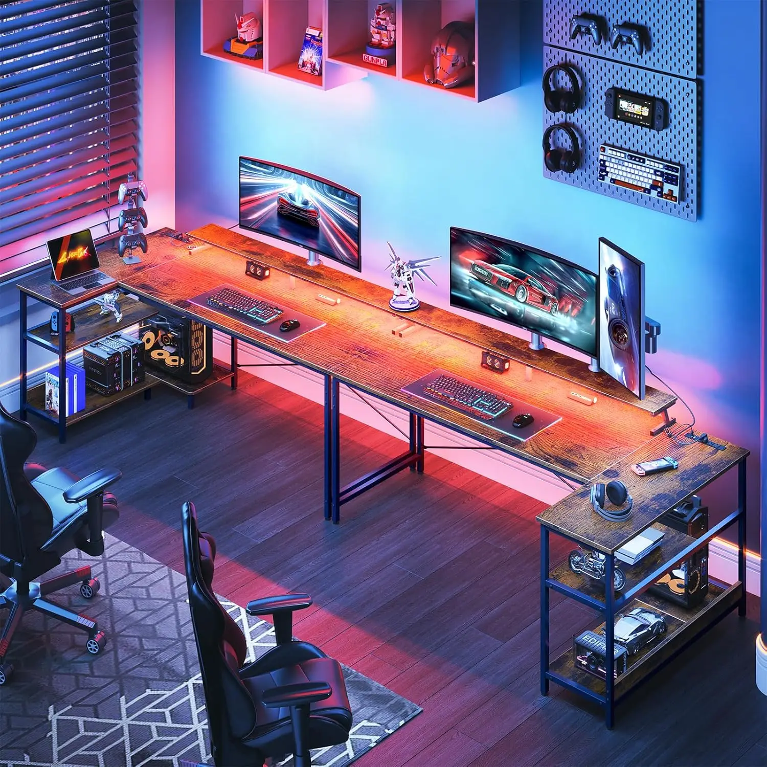 ODK 66 Inch Gaming Desk with USB Charging Ports and LED Lights, Reversible L Shaped Computer Desk with Storage Shelves & Monitor