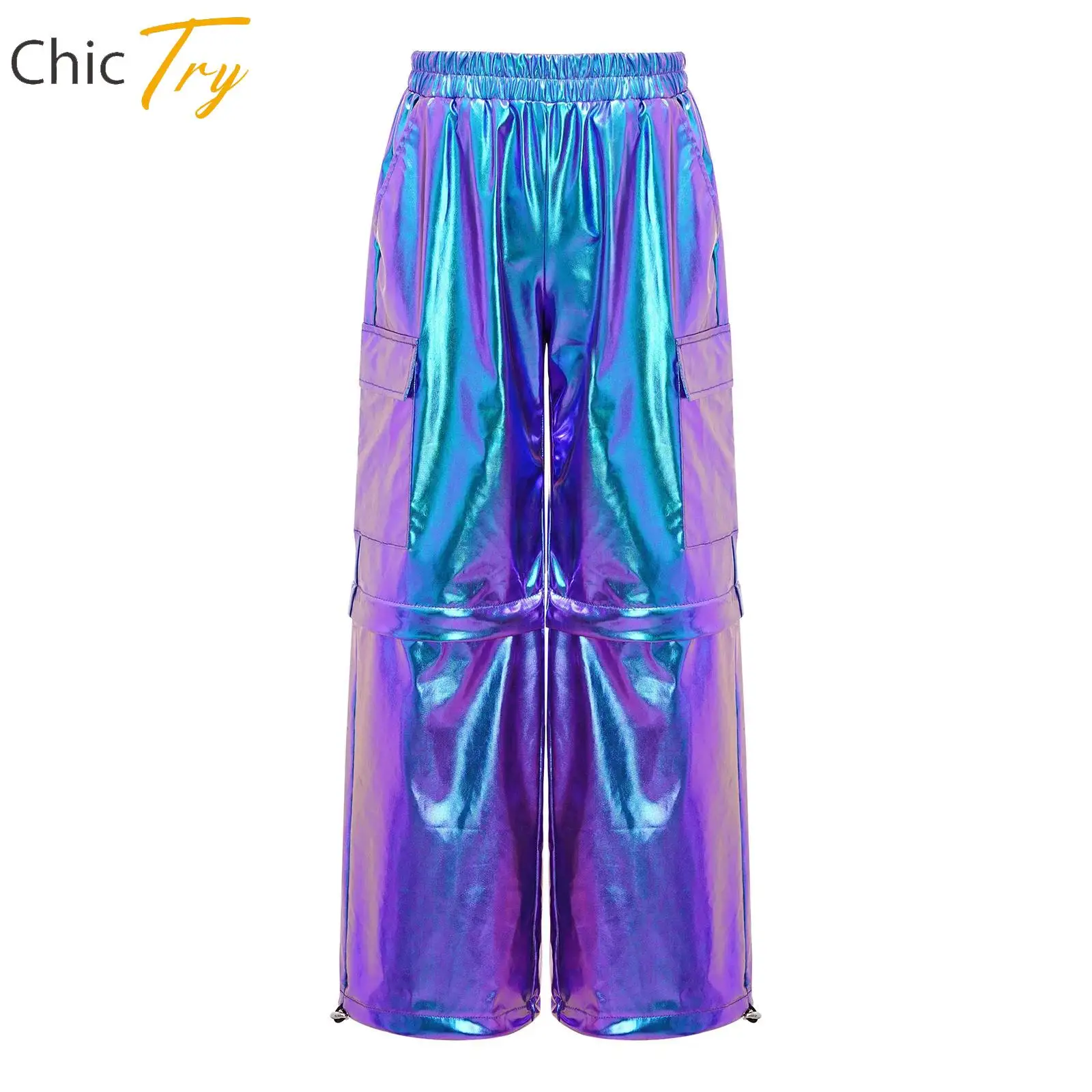 

Child Boys Girls Zip-Off Metallic Cargo Pants Stretchy Leg Openings Trousers Modern Jazz Dance Costume Hip Hop Performance Wear