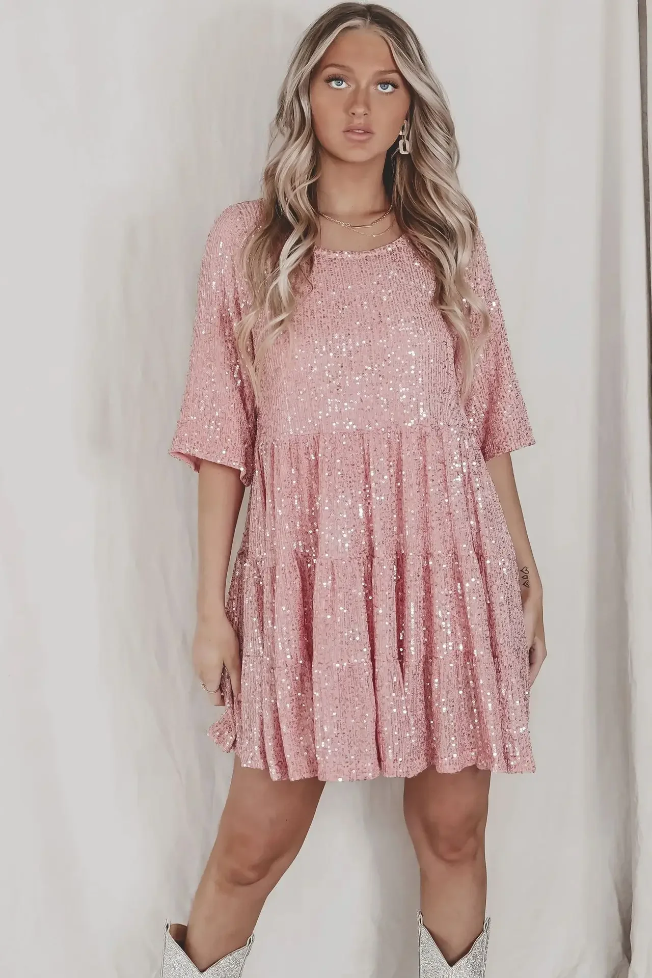

Fashion Beaded Round Neck Short Sleeve Hem Lovely Dresses Women Loose Sequins Mini Vestidos Summer Female Streetwear Outfits