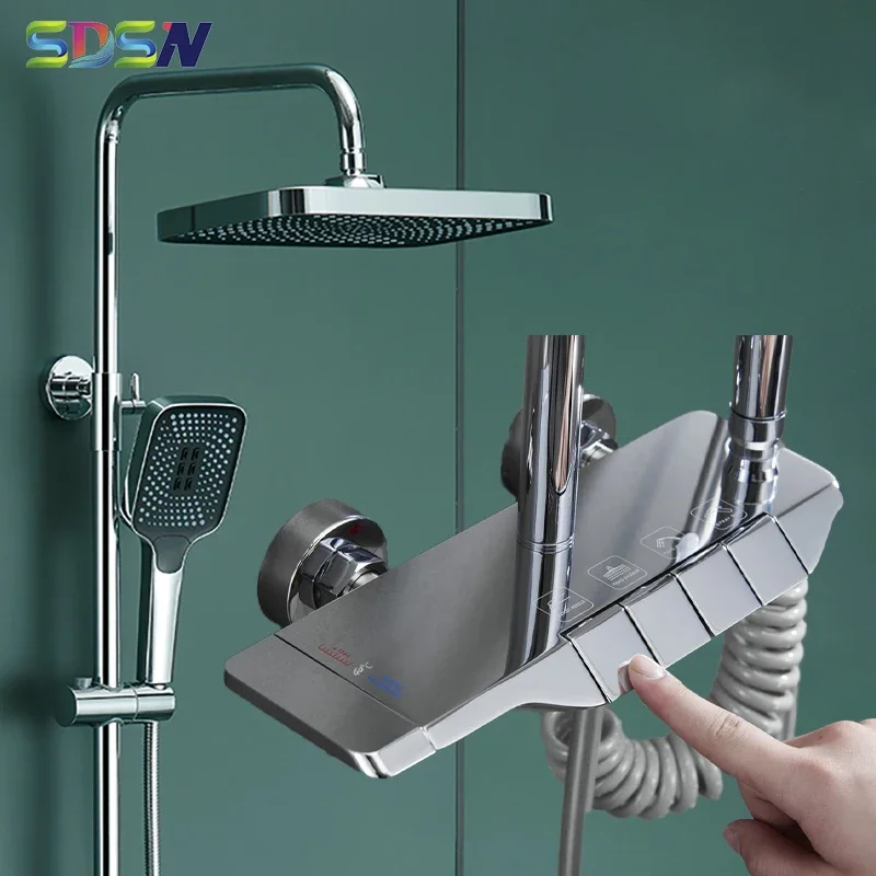 

Newly Piano Bathroom Shower Set Quality Brass Chrome Thermostatic Bath Shower System Hot Cold Grey Piano Bathroom Mixer Faucets