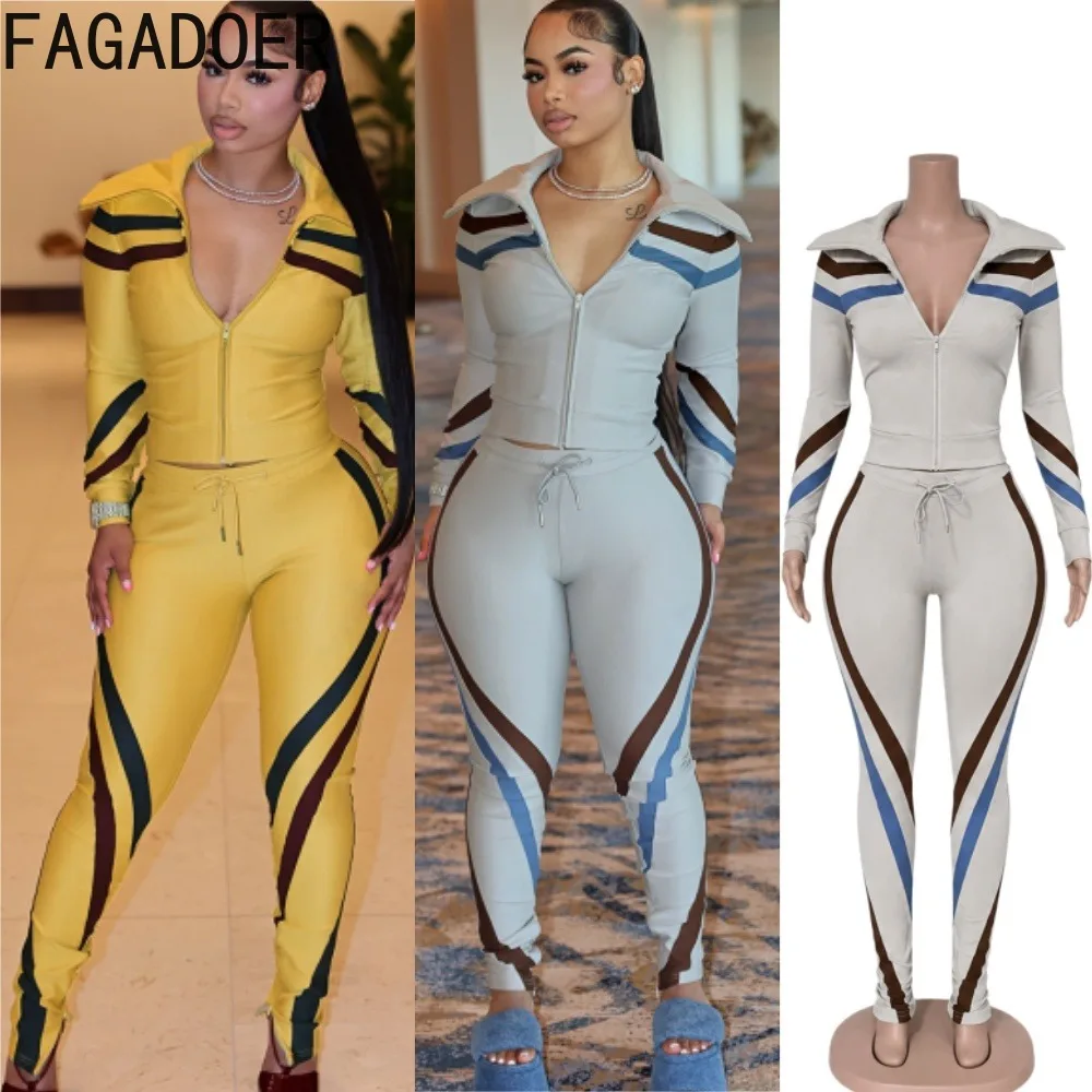 FAGADOER Conjunto Deportivo de 2 Piezas para Mujer, Chaqueta Corta con Cremallera y Rayas de Colores, Pantalones de Cintura Alta con Abertura Lateral, Ropa Casual de Calle