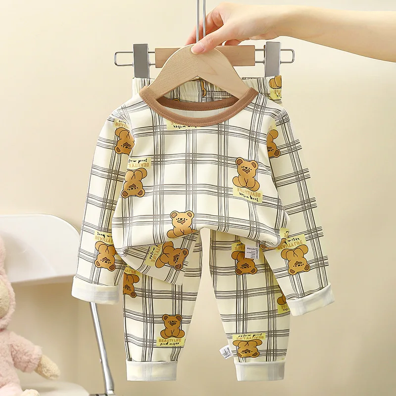 2PCS/Set Children\'s Spring and Fall Cotton Pajamas Cute Kids Long-Sleeved O-Neck Cartoon Bear Rabbits Dinosaurs Baby Homewear