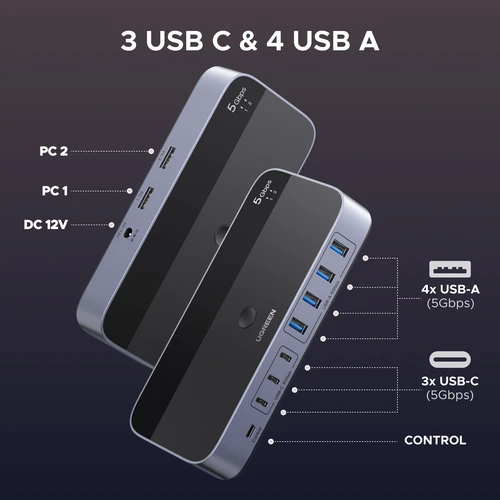 Imagen 2 del producto UGREEN-interruptor USB 3,0 de 5Gbps para PC, teclado, ratón, impresora, 2 uds., compartir 7 dispositivos, interruptor USB con adaptadores multitipo