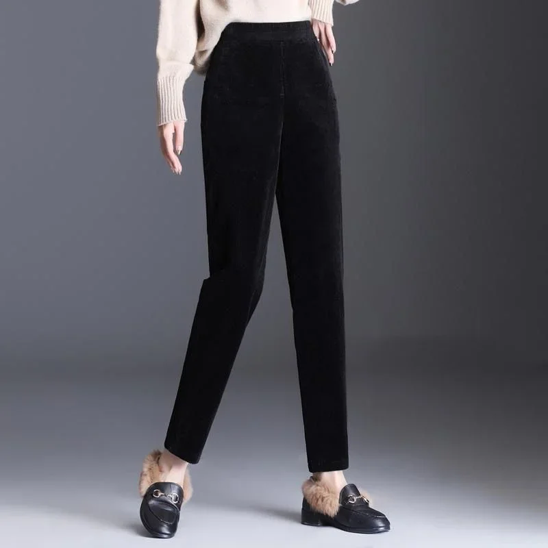 Simple Fleece Thick Corduroy Small Feet Pants Women High Waist Pocket Button Patchwork Loose Straight Casual Trousers Z695