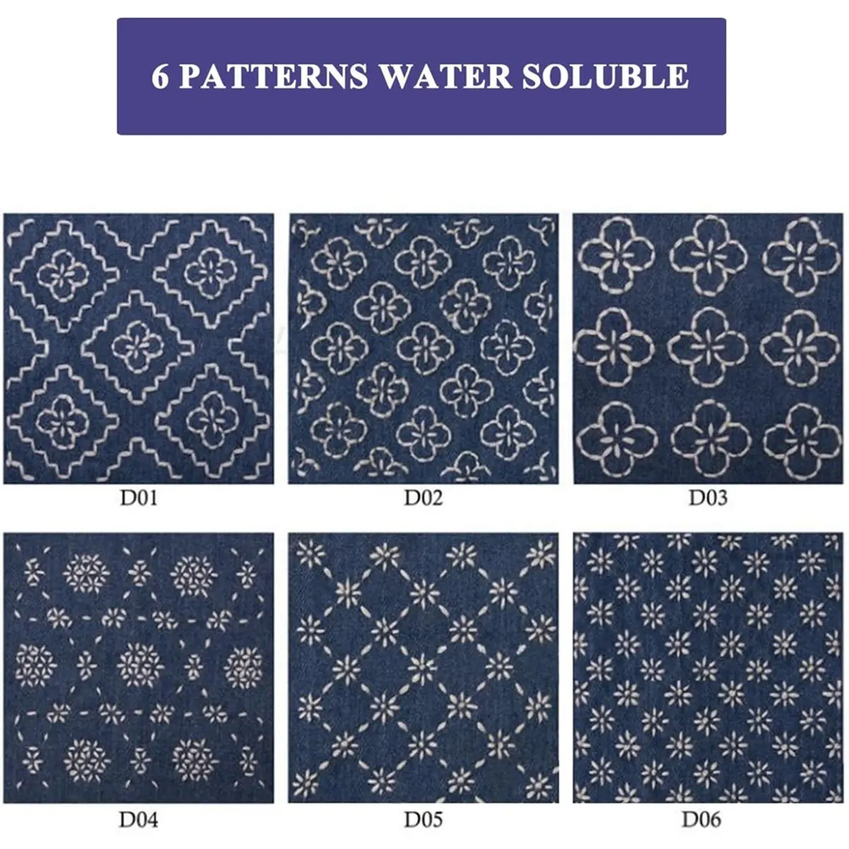 NOCM SashikoKit for Beginners, Thread , Water Soluble Patterns and Denim Fabric, for Hand Quilting Sewing Supplies