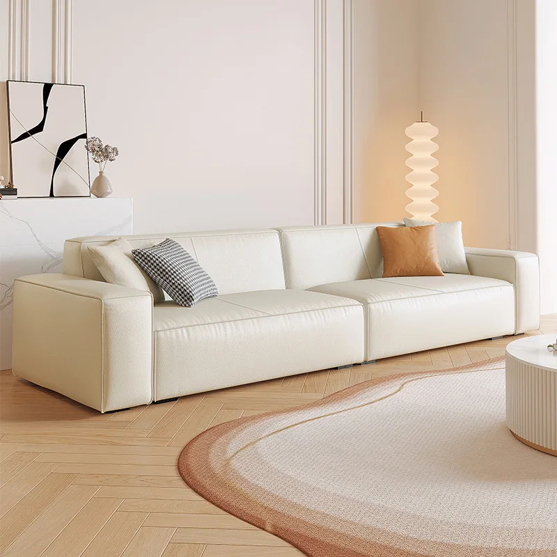 

Italian minimalist tofu block leather sofa, light luxury living room, square top layer cowhide small unit sofa, cream style