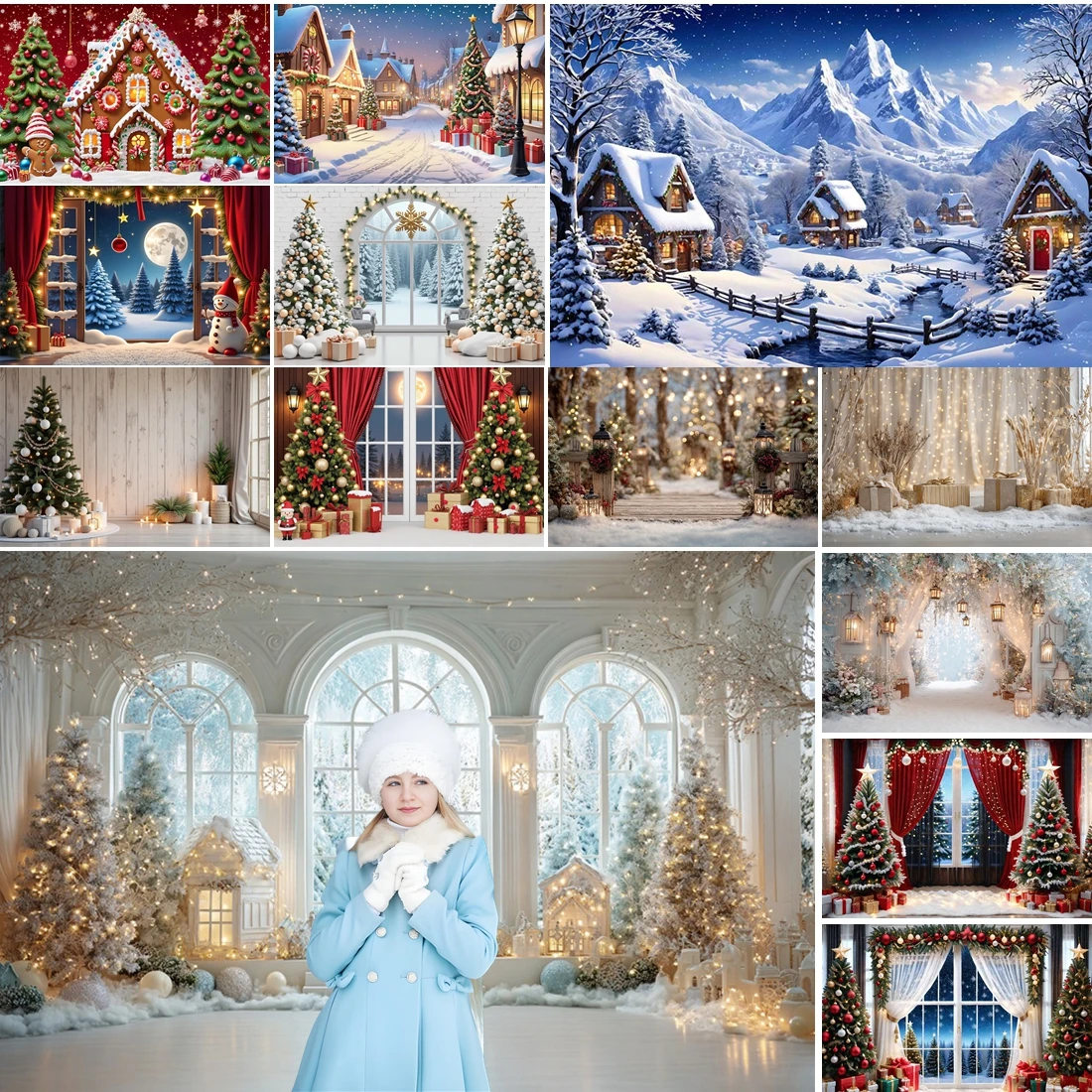 

MOON.QG Christmas New Year Backgrounds For Photographs Garland Curtains Village Backdrop Decoration Wallpaper Poster Accessories