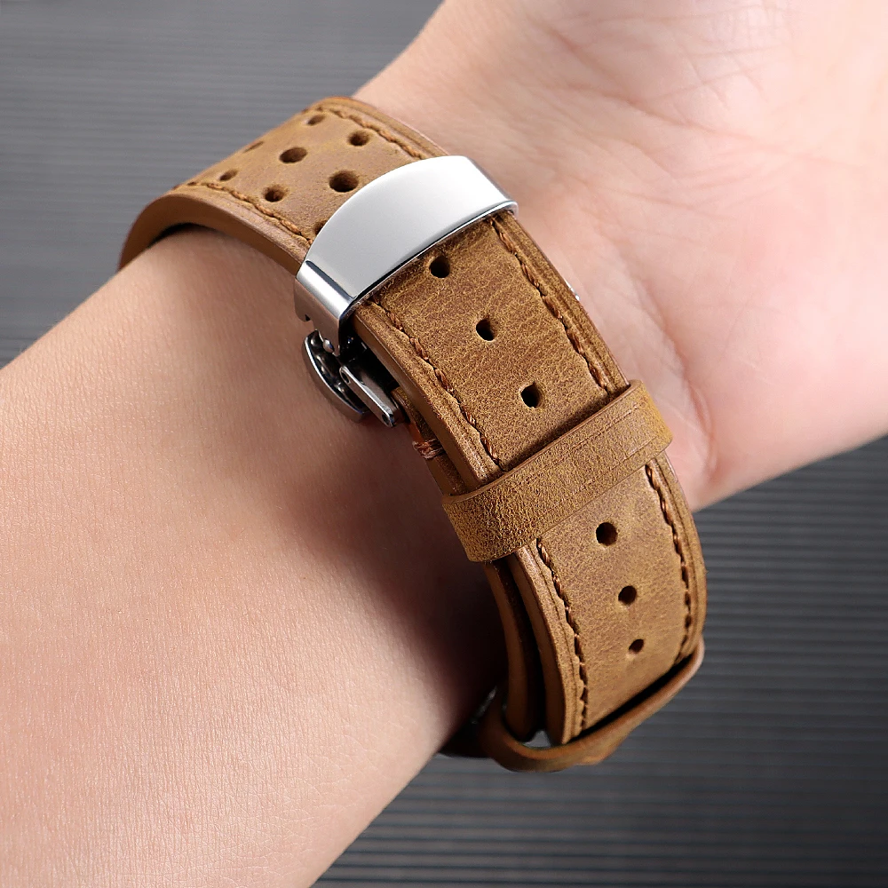 Vintage Racing Leder-Uhrenarmband 18/19/20/21/22/24mm Schnellverschluss-Armband Schmetterlingsverschluss Braun Atmungsaktive Poröse Uhrenbänder – Detail 5
