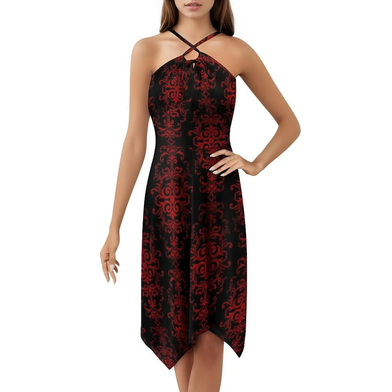 

Red Knitted Damask Black Background Pattern Women's Hip Hop Streetwear Dress Graphic Print Party Club Wear Pattern Gritty
