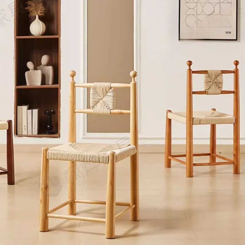 Rustic Hand-Woven Rope Dining Chair, Solid Wood Backrest Seat, Durable & Comfortable Single Chair for Kitchen Cafe Home Decor