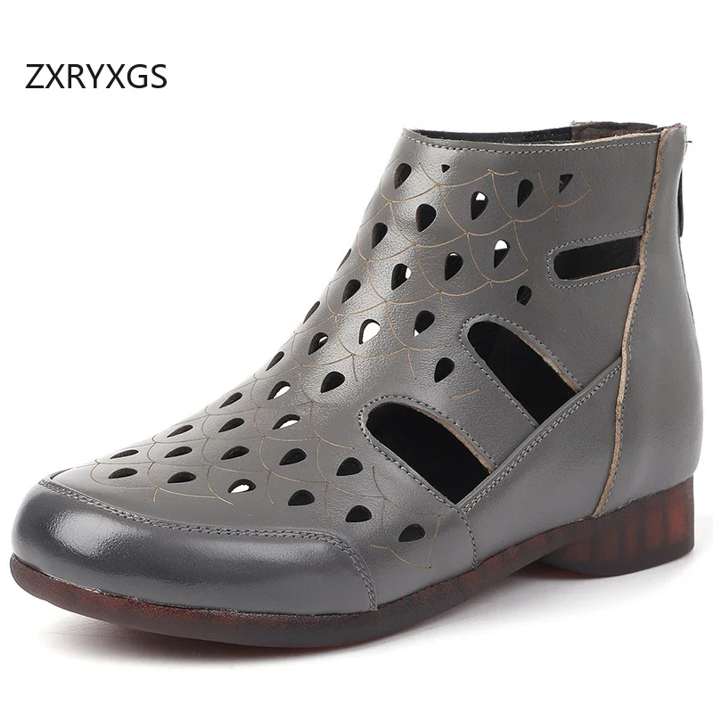 

ZXRYXGS 2026 New Top Cowhide Round Toe Hollow Summer Boots Fashionable Sandals Flat Soft Large Size Women Genuine Leather Boots