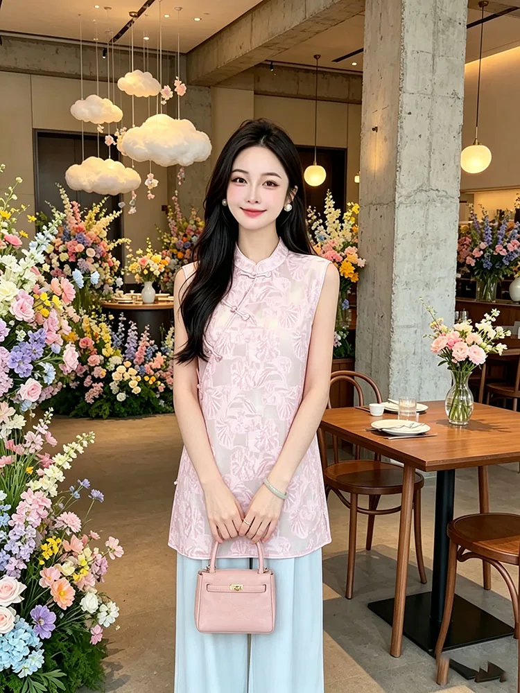 

New Chinese Style Floral Print Sleeveless Vest Women's Summer 2026 Pink Shirt Elegant Atmosphere Small Top Fashionable