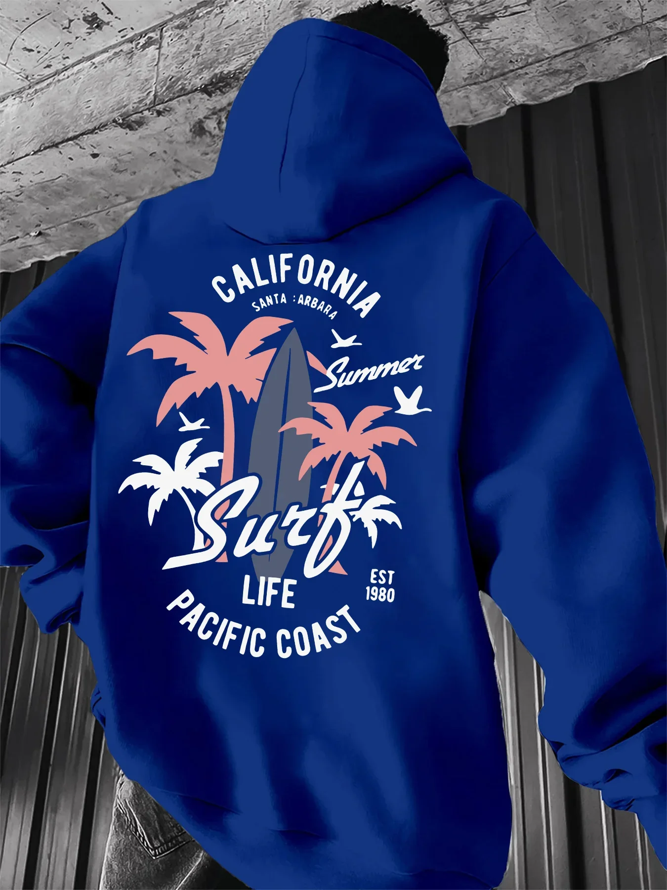 Men's California Surf Lifestyle Pullover Hoodie, Fleece-lined for Fall/Winter Warmth, Loose Fit, Retro Beach Sweatshirt