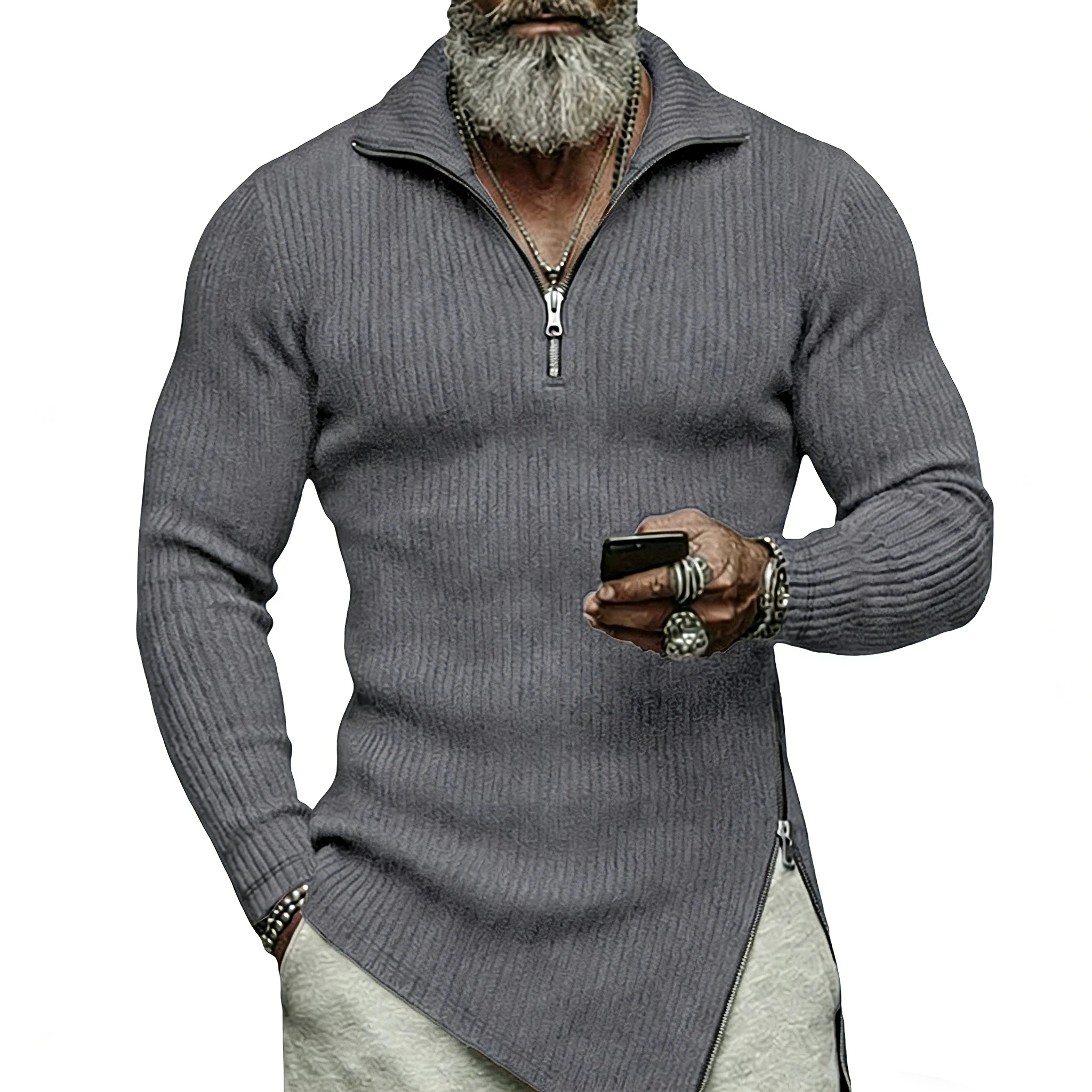 Herren Langarm-T-Shirt für Herbst, Einfarbiger Pullover mit Halbem Reißverschluss, Lässige Streetwear, Herbst-Winter Warme Slim-Fit Basisschicht-Oberteil