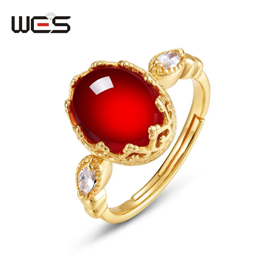 

WES 925 Sterling Silver Oval 8*10mm Natural Garnet Open Rings for Woman Vintage Fine Jewelry With Box Birthday Gifts Engagement