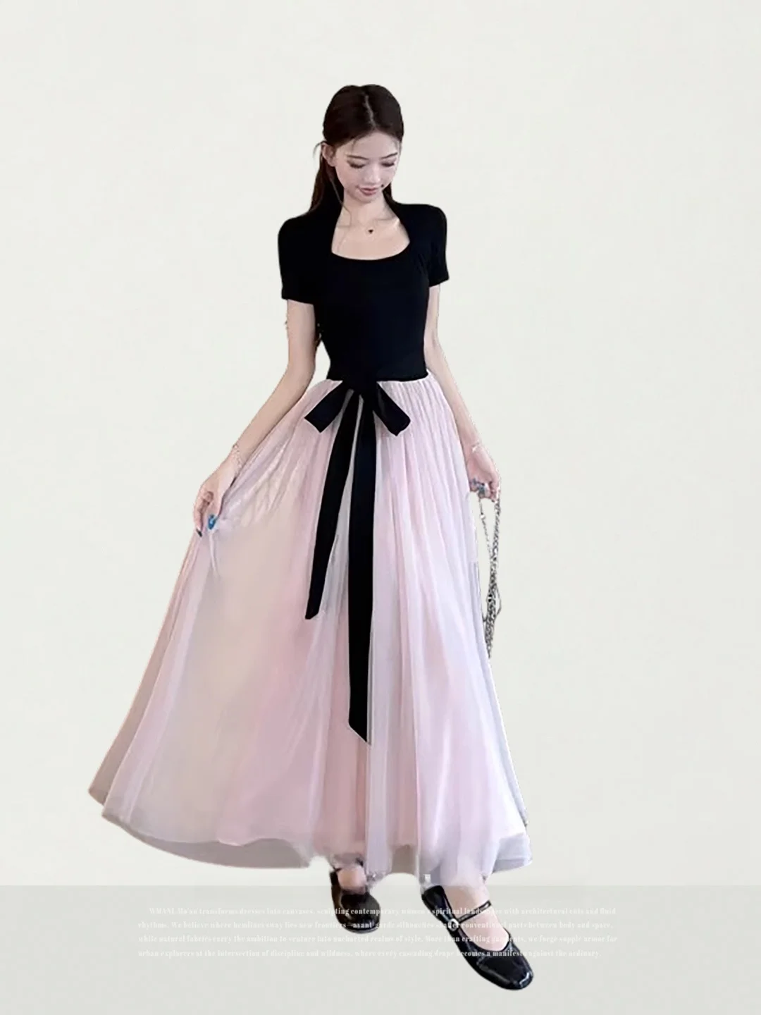 エレガントなピンクのバレエスタイルスプライスショートtスリーブロングドレス女性の夏の新作ハイウエストaラインドレス都市通勤