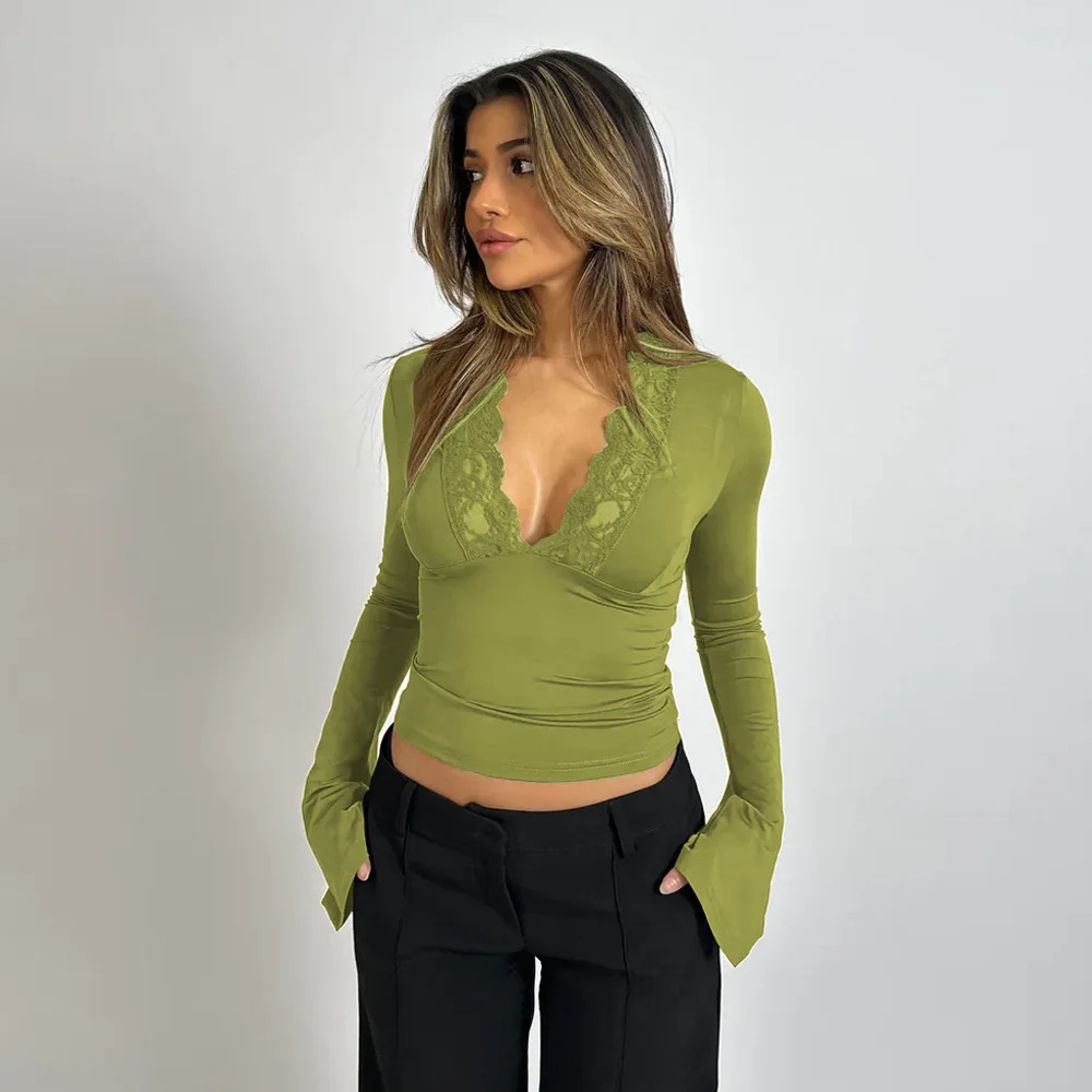 Vrouwen Tops Sexy Meisje Lange Mouw Slanke V-Hals Patchwork Kant Crop Top Dame Mode Effen Kleur Elastisch Strakke Basis Shirt Blous