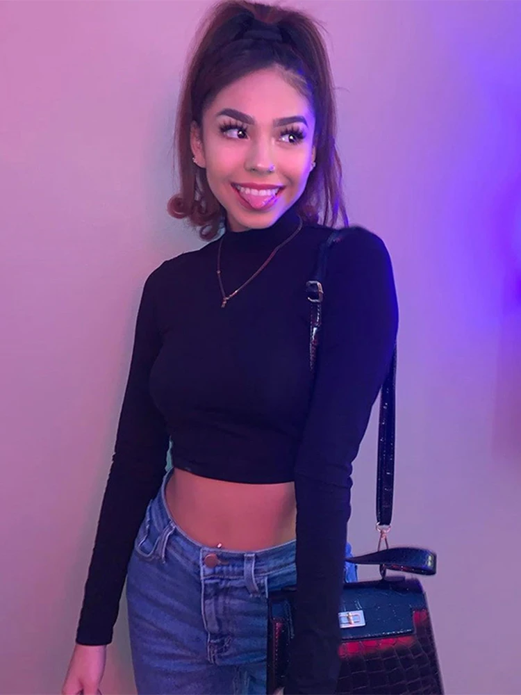 Womon-t-shirt de algodão das mulheres, sexy top, sem encosto, manga longa, harajuku, magro, bodycon, streetwear, malha