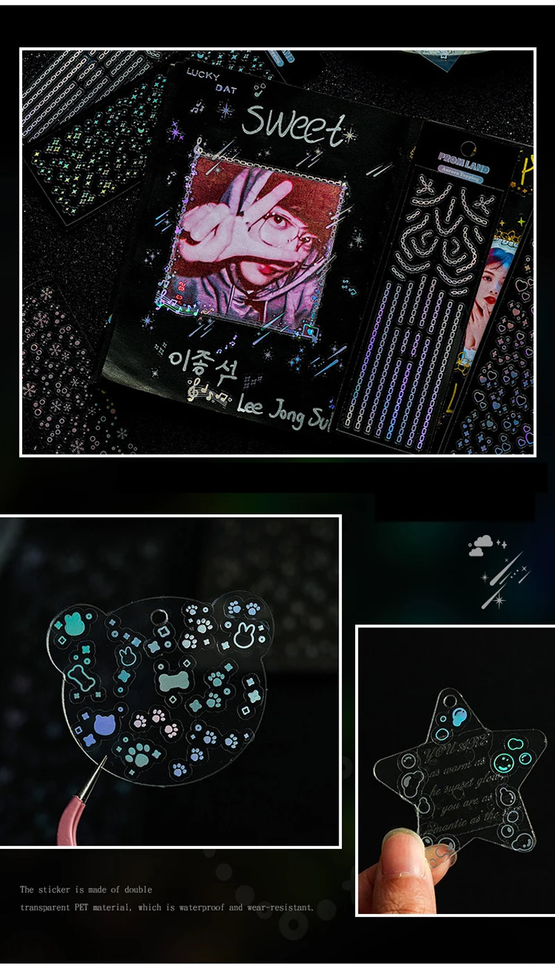 Korea schöne kleine glänzende Sterne Aufkleber ändern Farbe Musik Blume Schmetterling klar Hologramm Dekor DIY Album Notebook Aufkleber – Detail 6