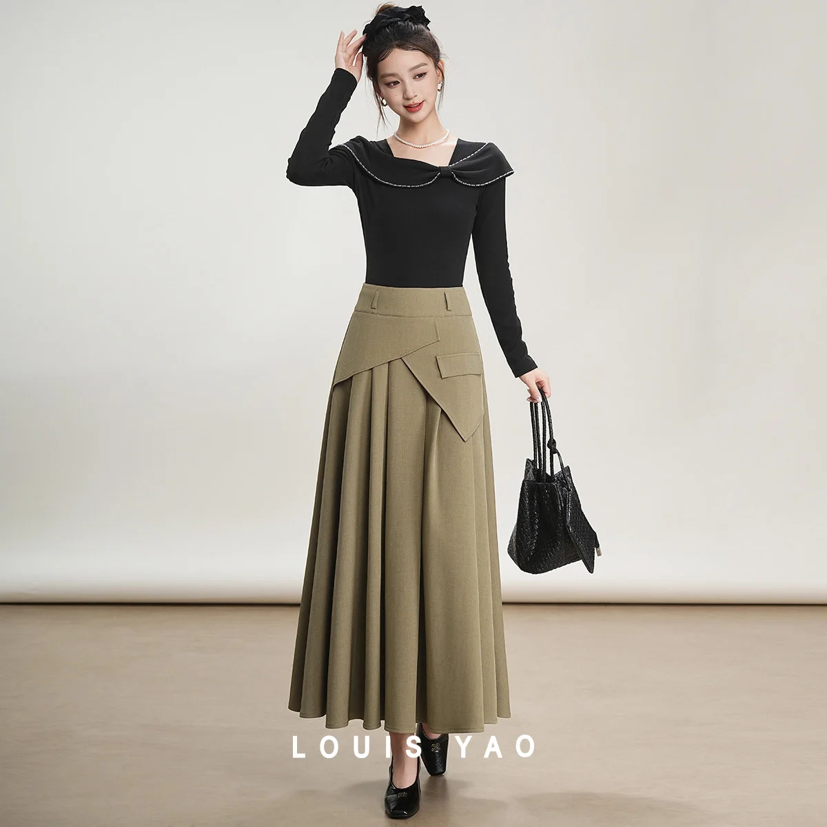 

LOUIS YAO Irregular Pleated Skirt Spring 2026 Minimalist Women's Skirts Elegant Design Sense Long A-Line Skirt for Women