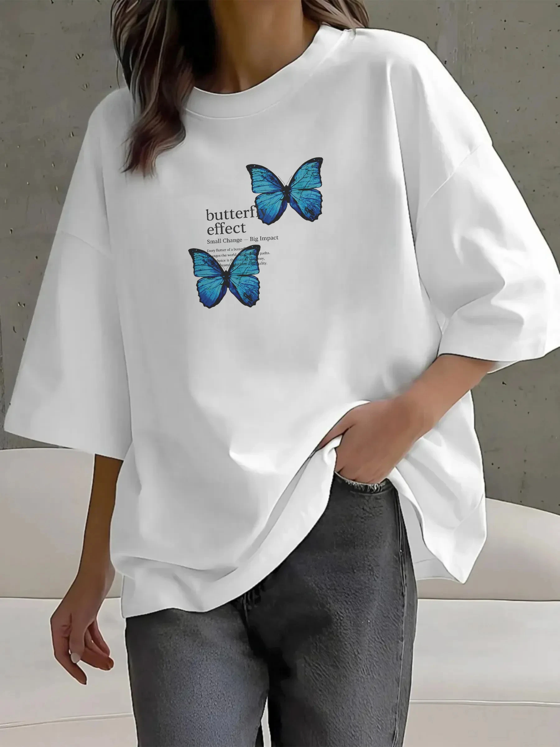 Blue Butterfly Effect Graphic T-Shirt Women Harajuku Streetwear Oversized White Short Sleeve Casual Tops Summer Tees